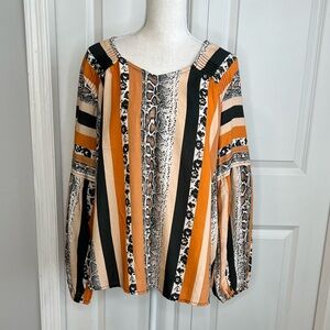 Tolani Black Orange Stripe Snakeskin Floral Serenity Blouson Sleeve Top Oversize